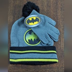 DC Comic Boys Batman Pom Pom Beanie Winter Hat and Gloves Set, New With Tag